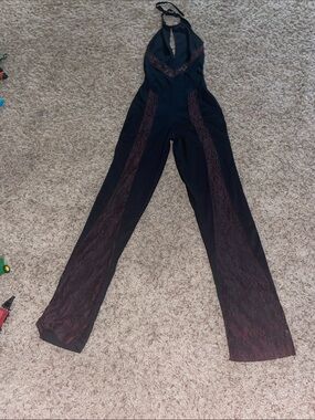 Women's Black Halter Jumpsuit with Lace Inset
